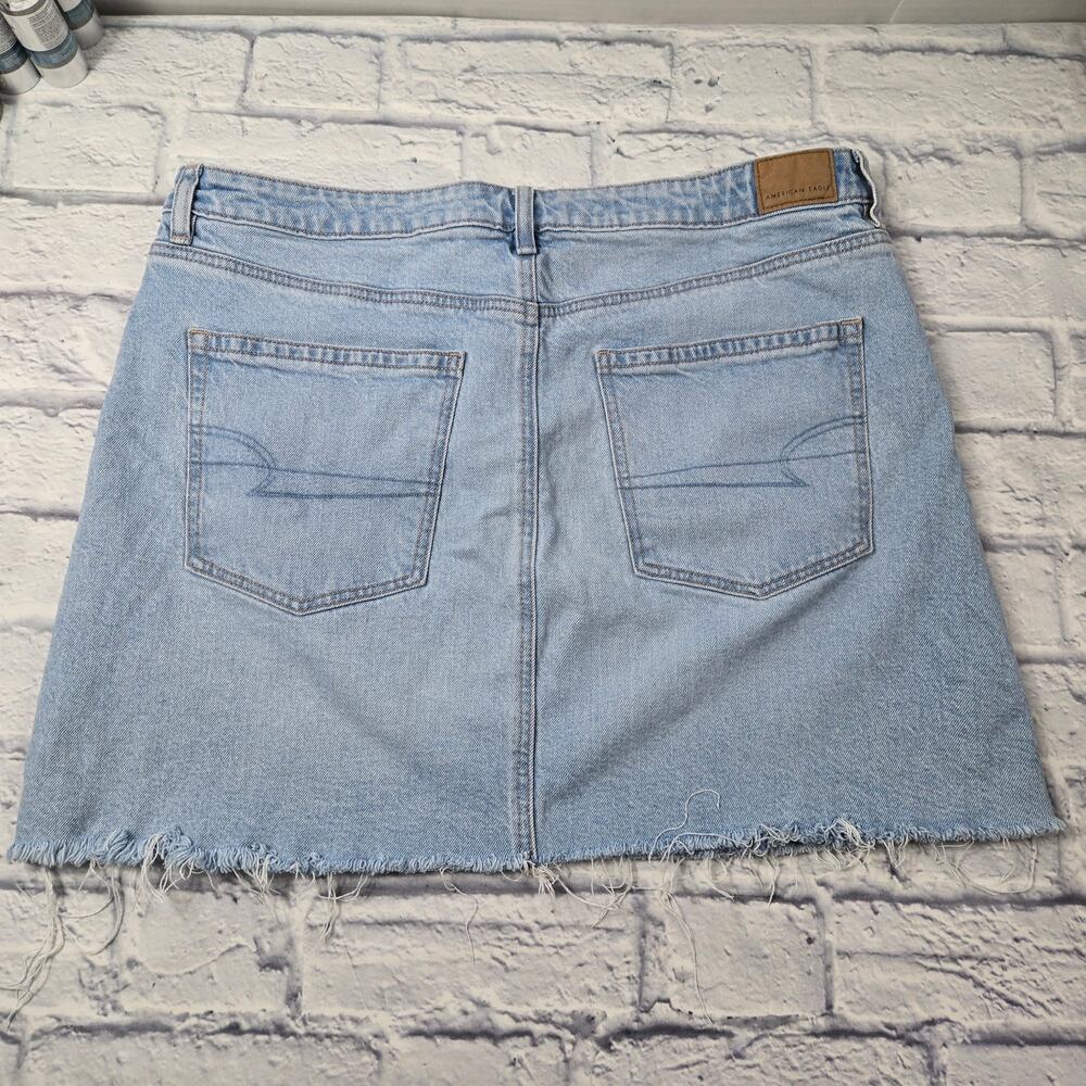 American Eagle Perfect Mini Denim Skirt Crossover Waistband Frayed Stretch sz 18